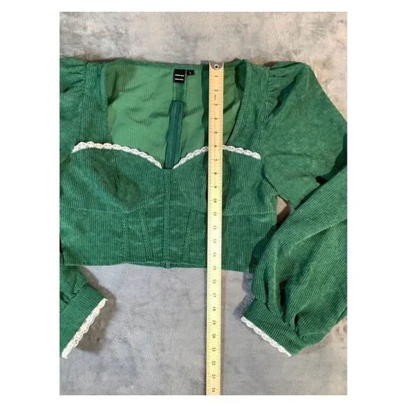 SHEIN MOD Green Corduroy Cropped Top Lace Trim Puff Sleeve L - Picture 4 of 6